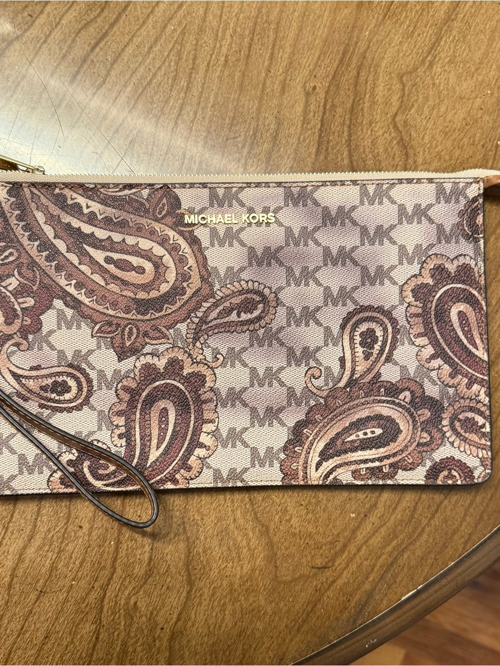 Michael Kors Paisley Logo Wristlet Clutch in Blush and Brown